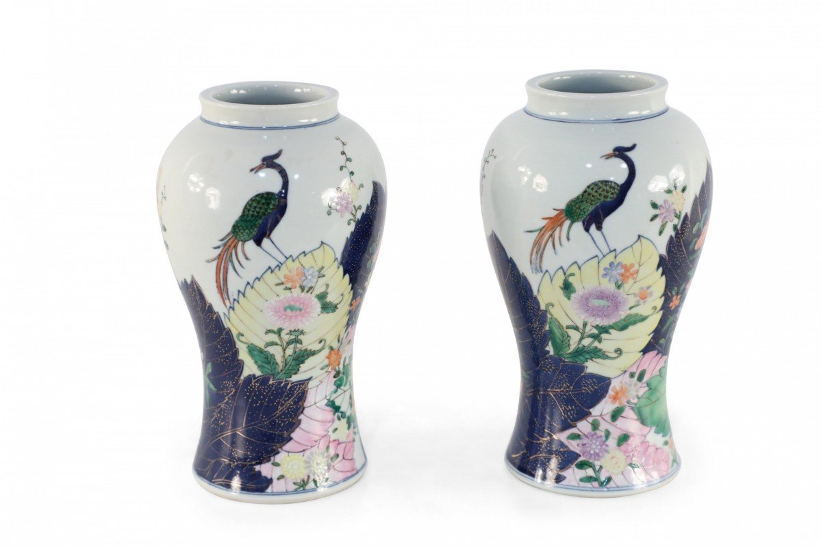 Pair of Chinese White Peacock and Floral Design Urn Shaped Porcelain Vases