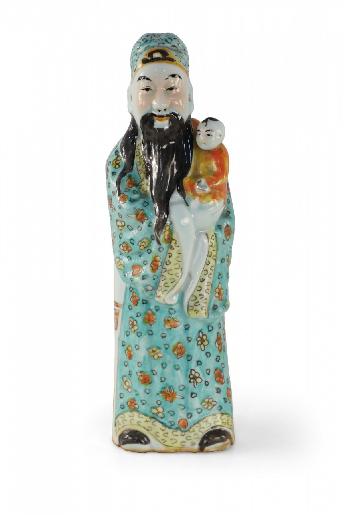 Chinese Green and Orange Lu Xing Wealth and Prosperity Deific Porcelain Figurine