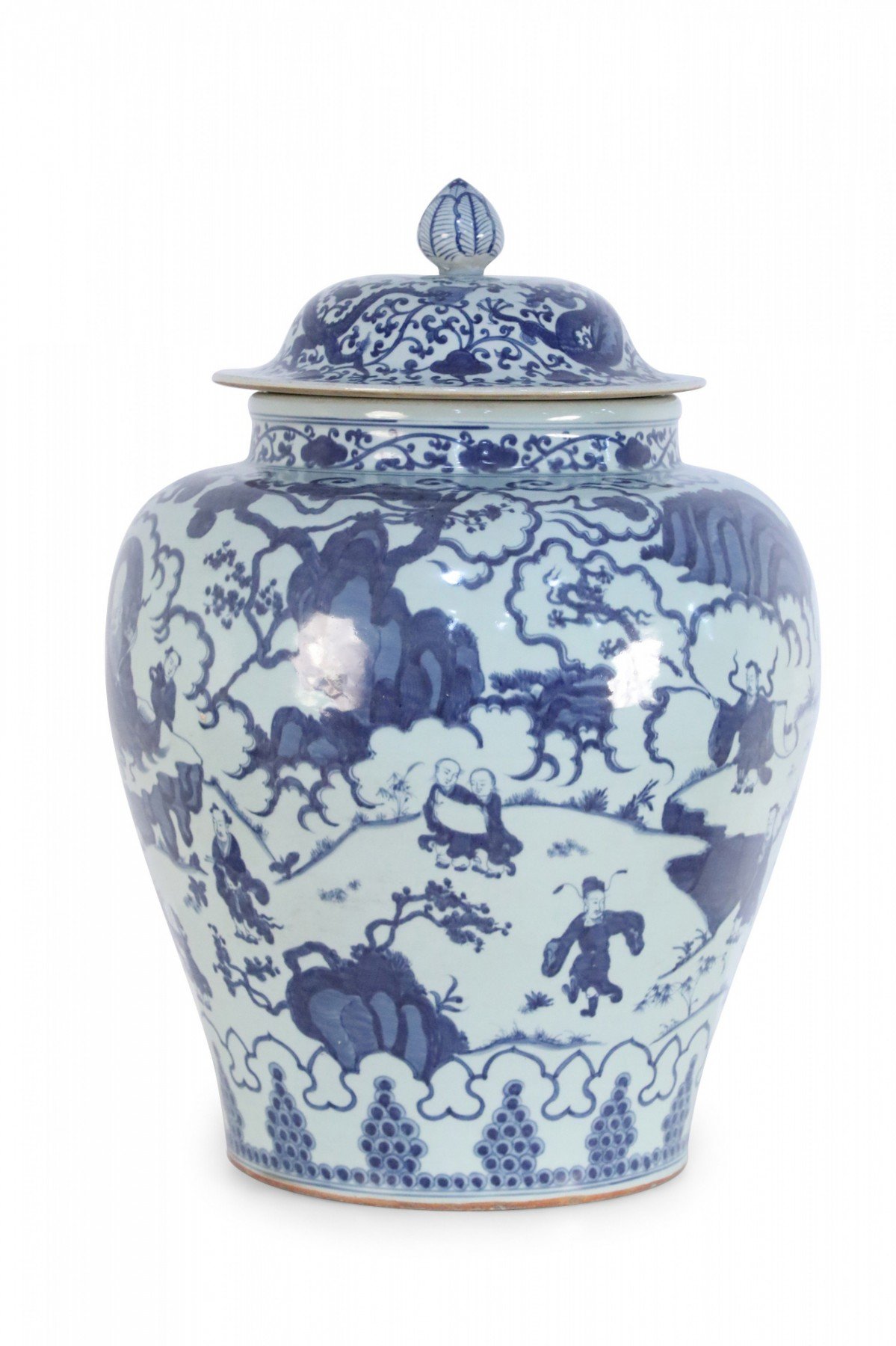 Chinese White and Blue Figurative Porcelain Ginger Jar