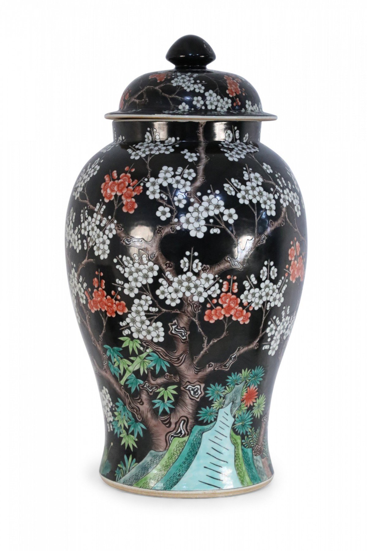 Chinese Black and White Cherry Blossom Tree Motif Porcelain Jar