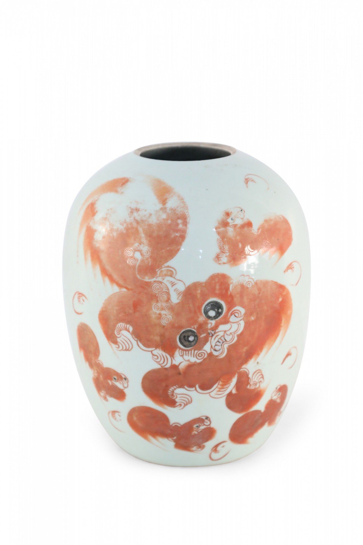 Chinese White and Orange Foo Dog Design Winter Melon Porcelain Jar