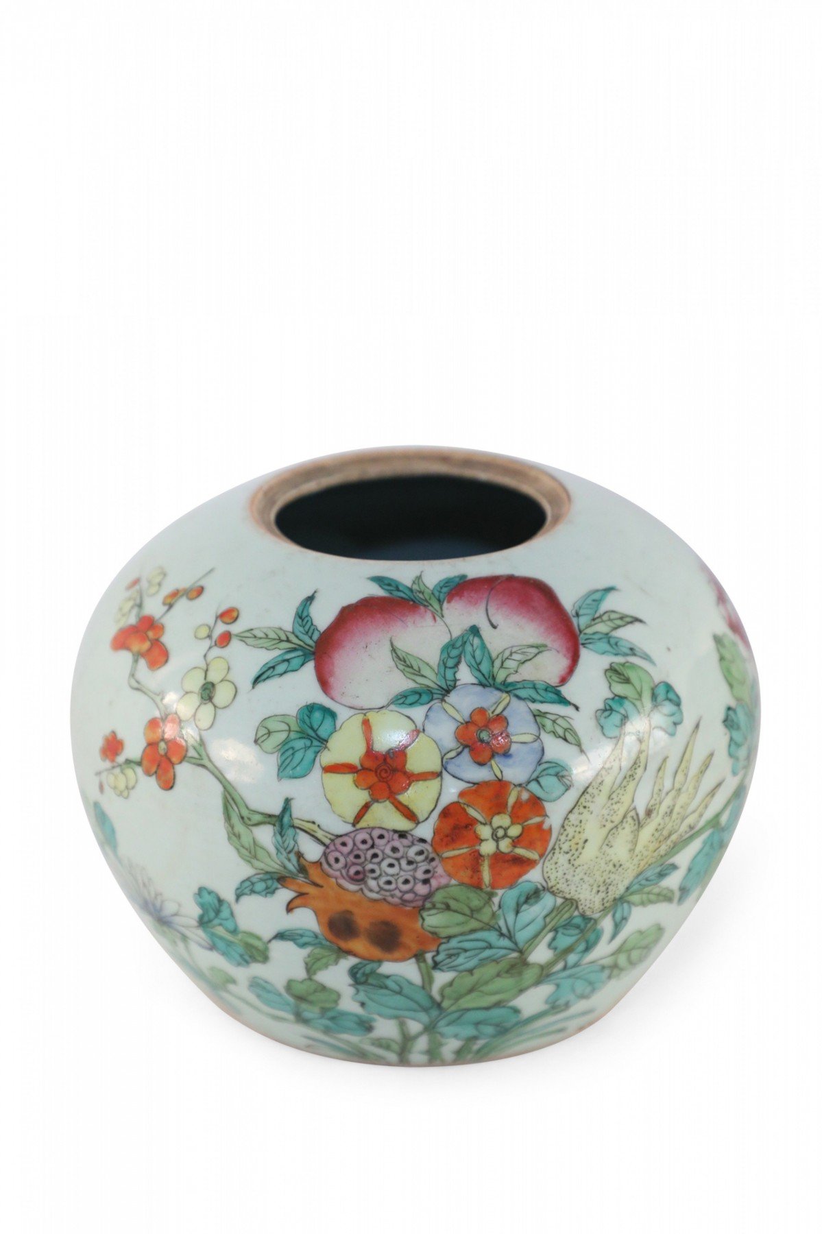 Chinese White and Floral Rounded Porcelain Watermelon Jar