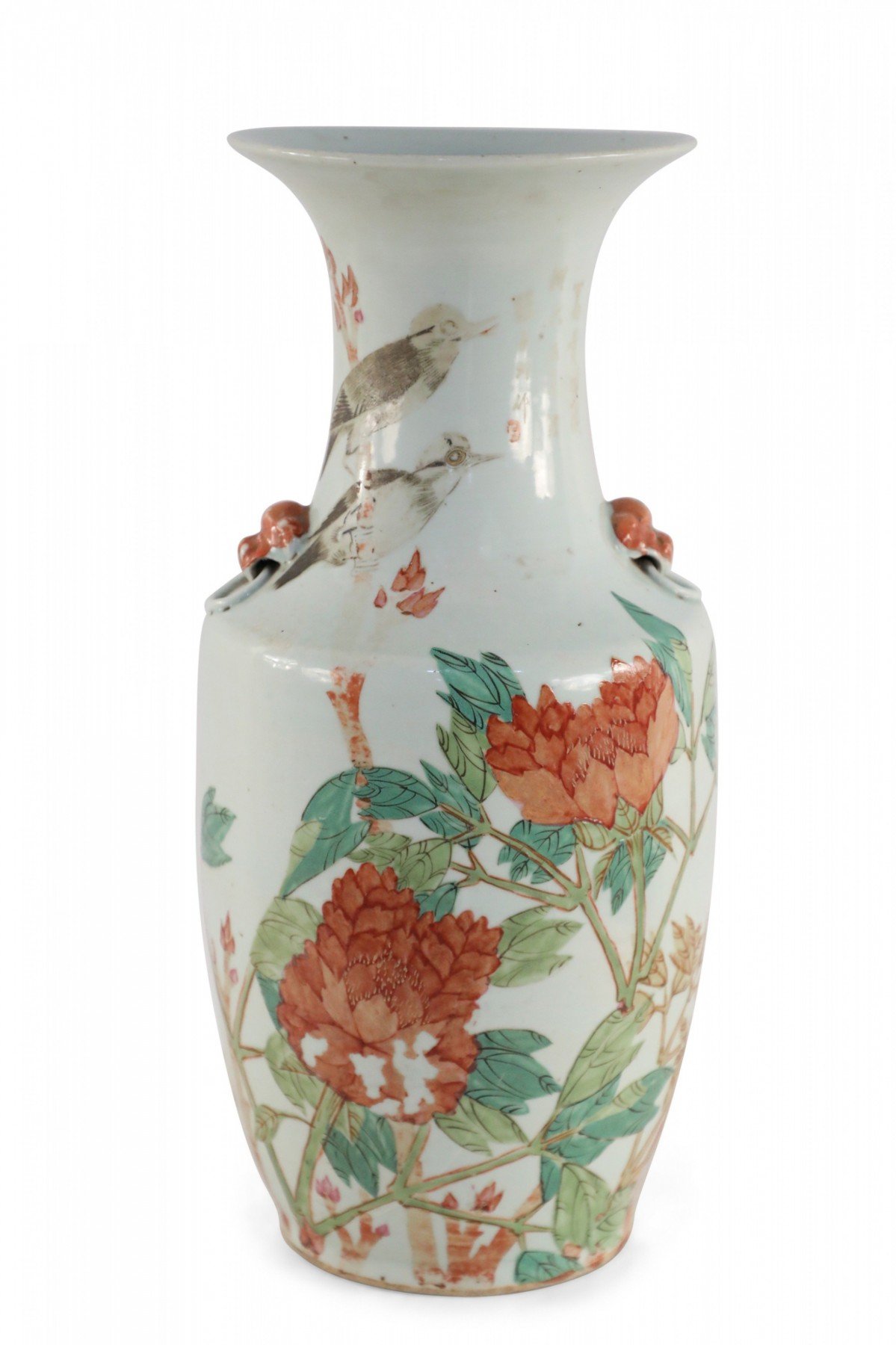 Chinese White and Orange Botantical Motif Porcelain Urn