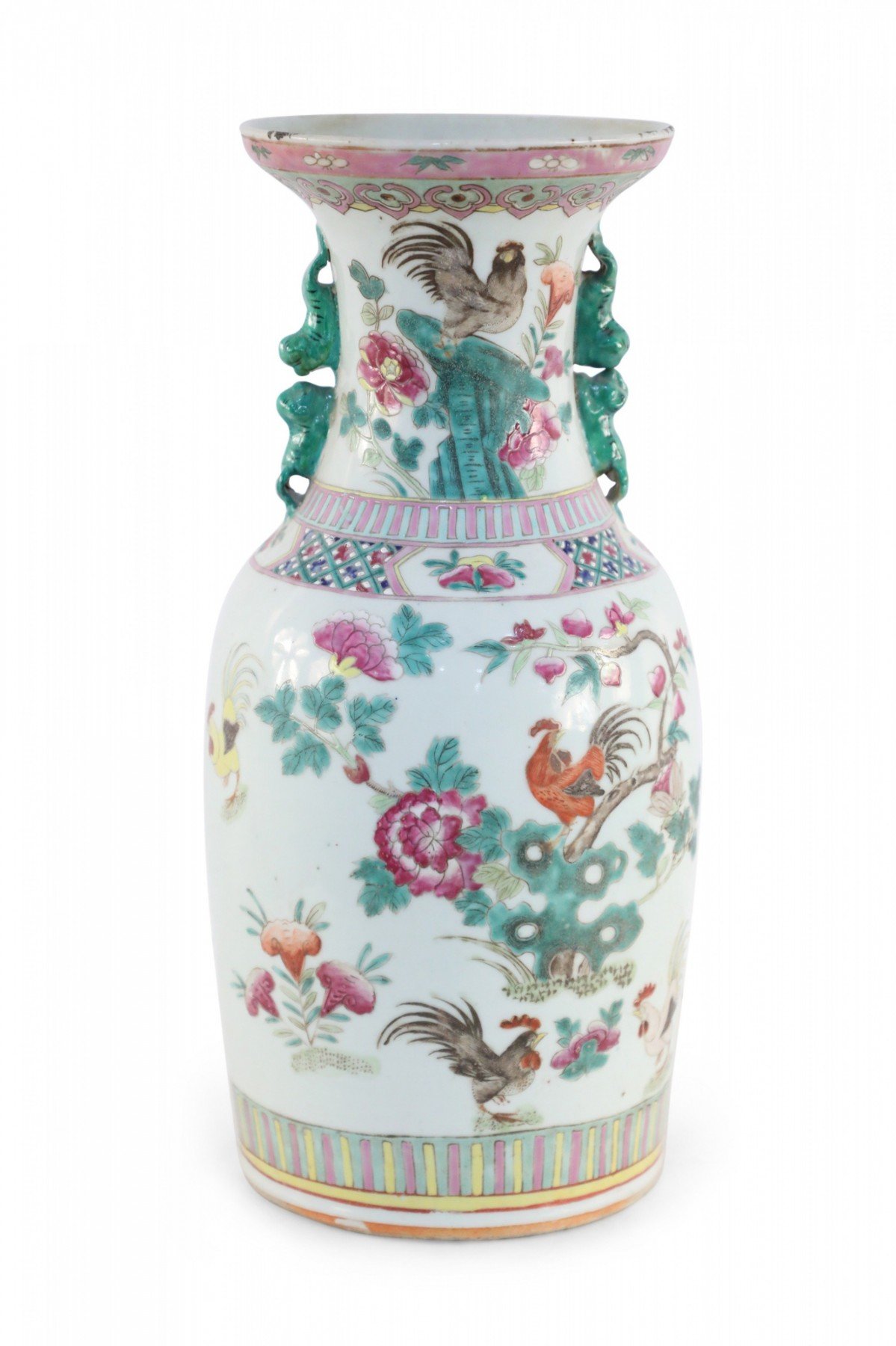 Chinese White, Green and Pink Floral and Rooster Design Porcelain Urn