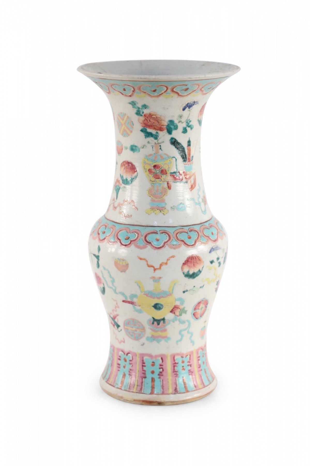 Chinese White and Pink, Blue and Yellow Bogu Pattern Porcelain Urn