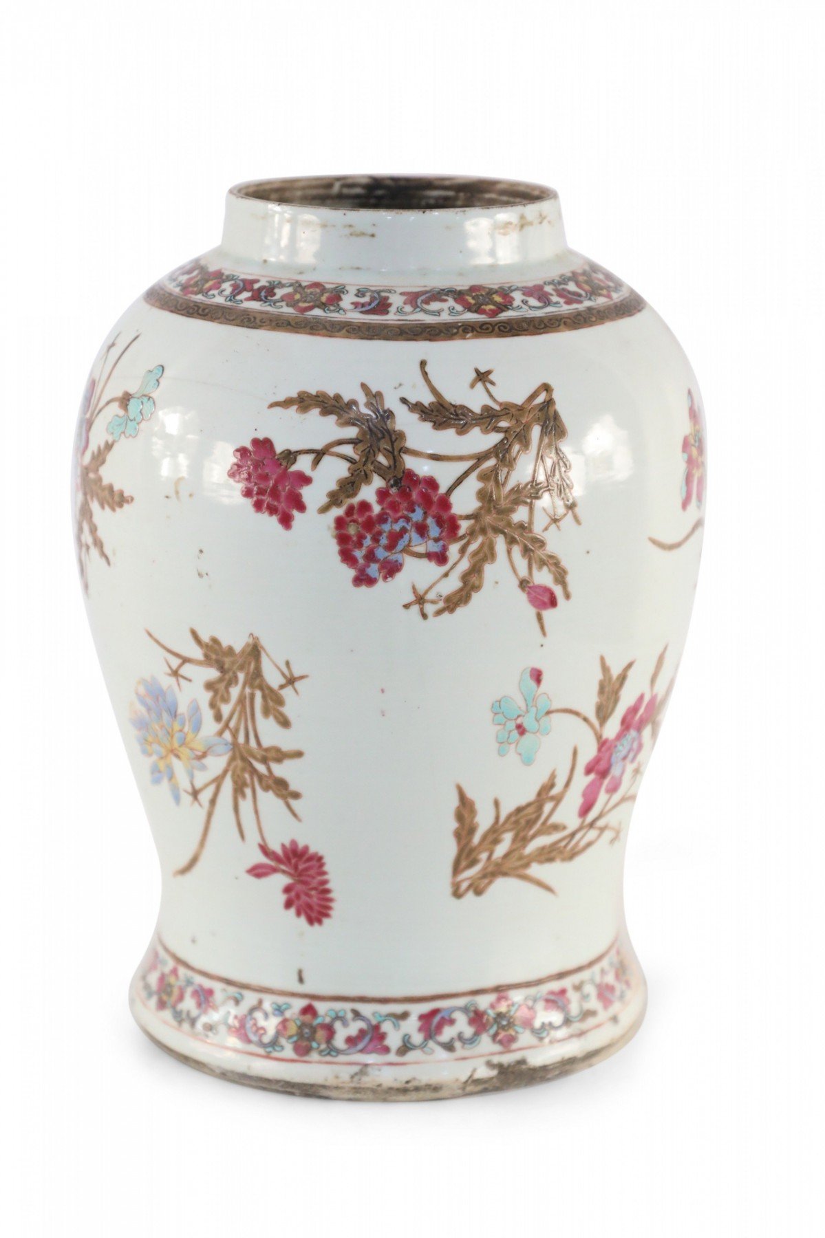 Chinese White Brown and Magenta Floral Motif Porcelain Vase