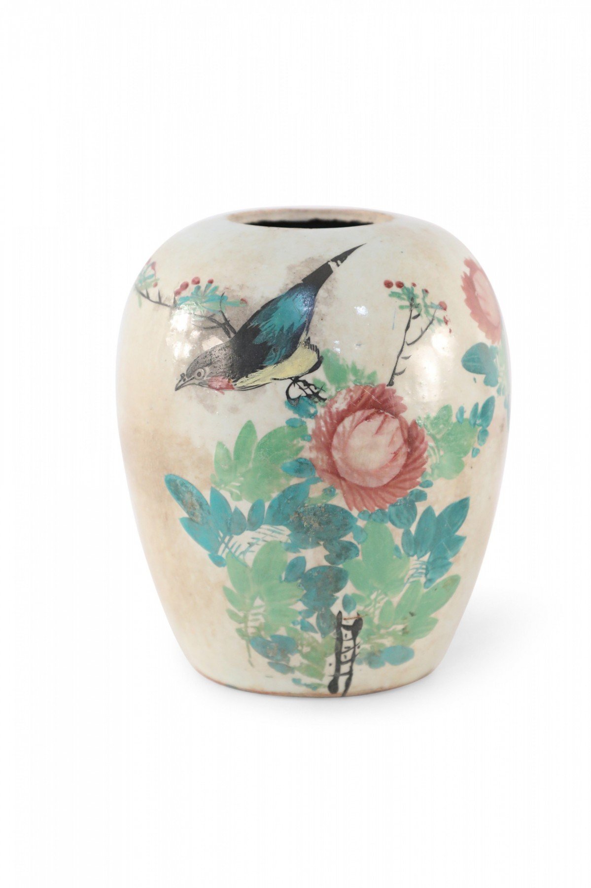 Chinese Beige and Green Botanical Motif Rounded Porcelain Vase