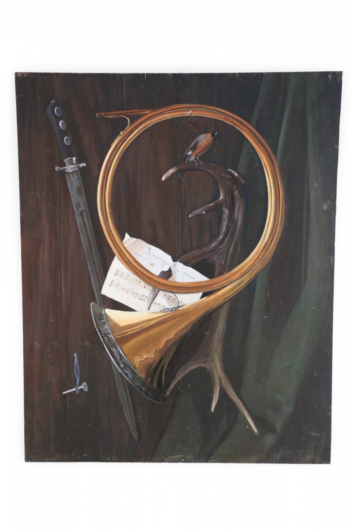 Brass Horn Sword and Antler Still Life Painting