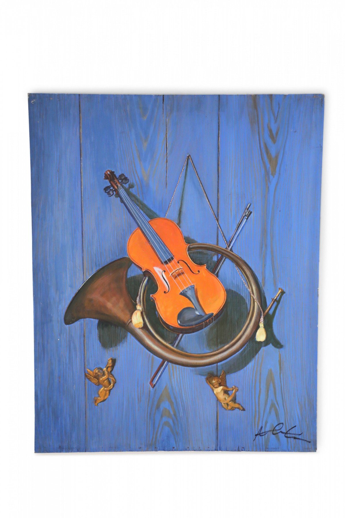 Vintage Brass Horn and Violin Still Life Painting