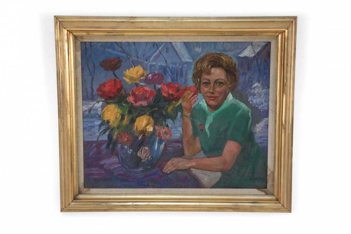 Framed Portrait of Woman in Green with Flowers Oil Painting