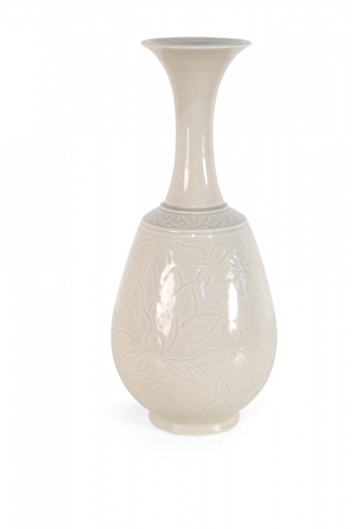 Chinese Beige Carved Floral Pattern Porcelain Vase