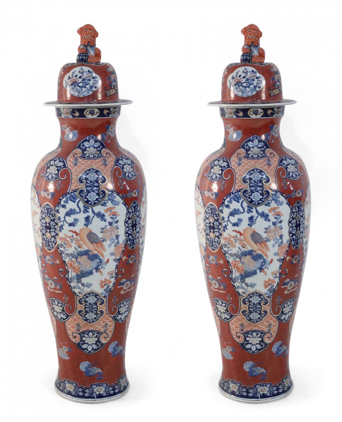 Pair of Chinese Imari Style Monumental Lidded Porcelain Urns