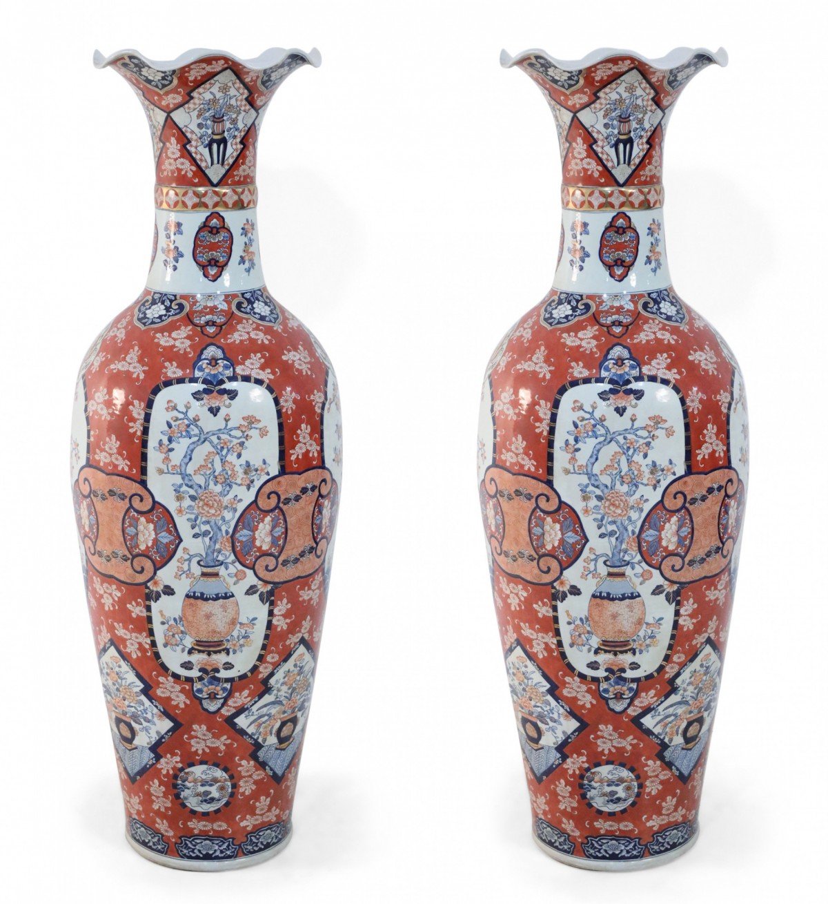Pair of Chinese Monumental Imari Style Monumental Orange Porcelain Vases