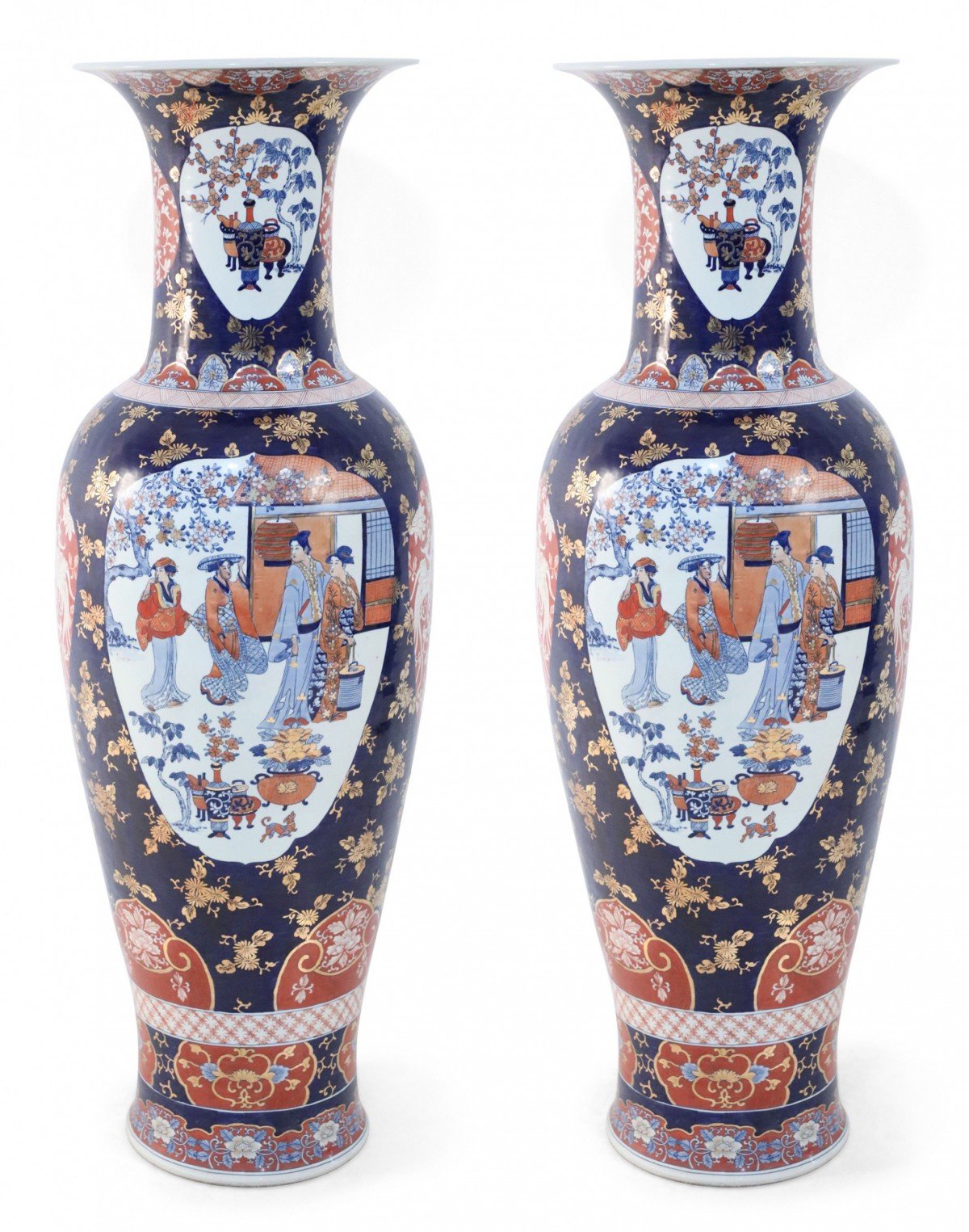 Pair of Chinese Monumental Imari Style Blue Porcelain Urns