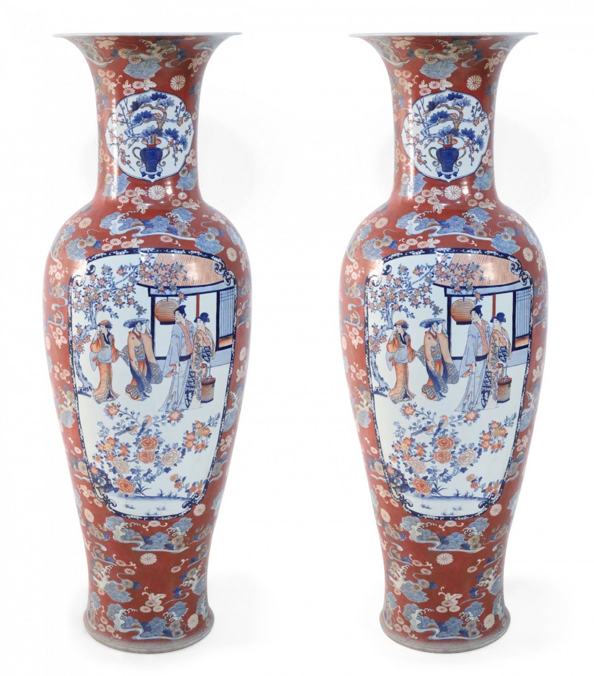 Pair of Chinese Moumental Imari Style Orange Porcelain Urns