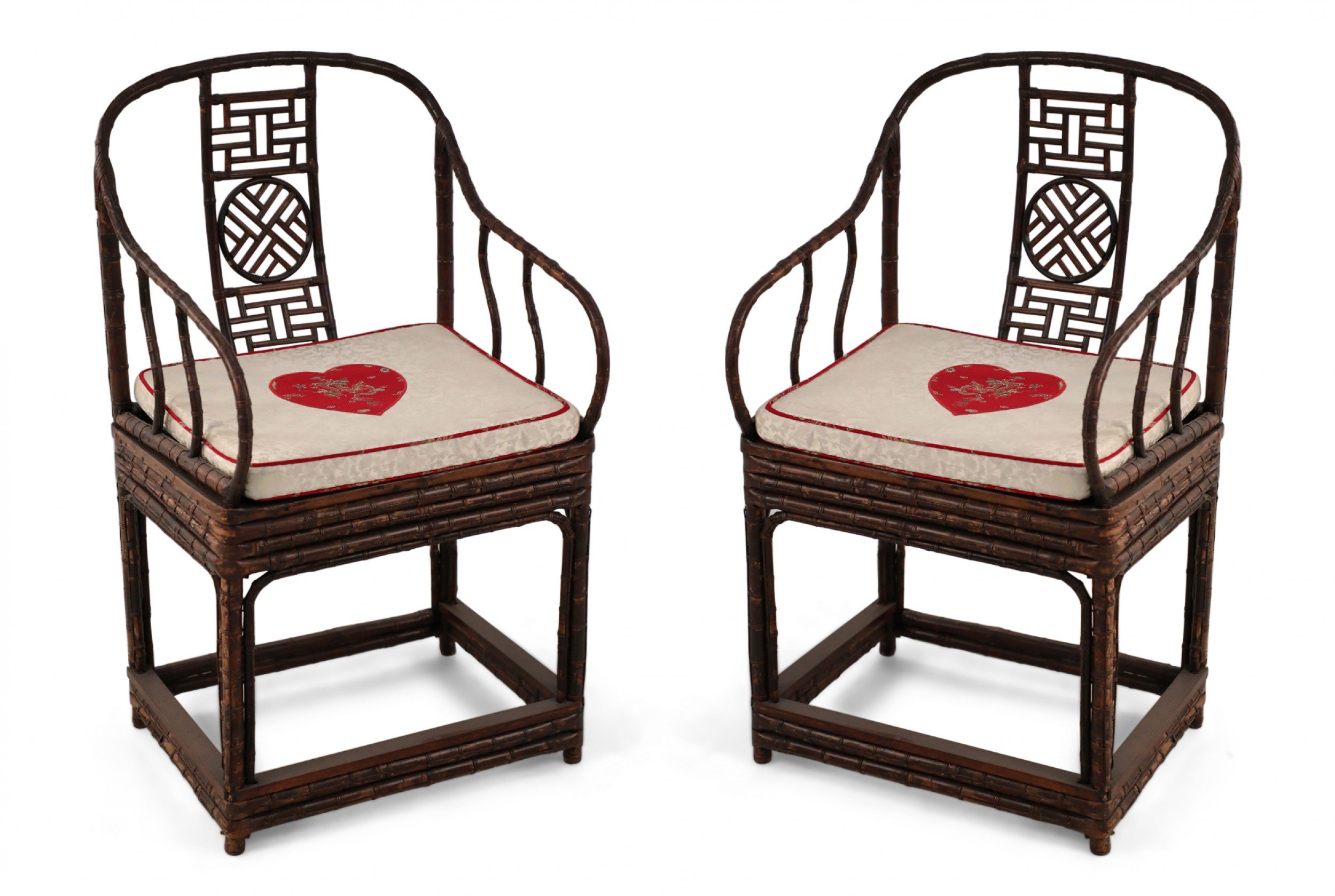 Pair of Antique Chinese Bamboo and Heart Cushion Chairs