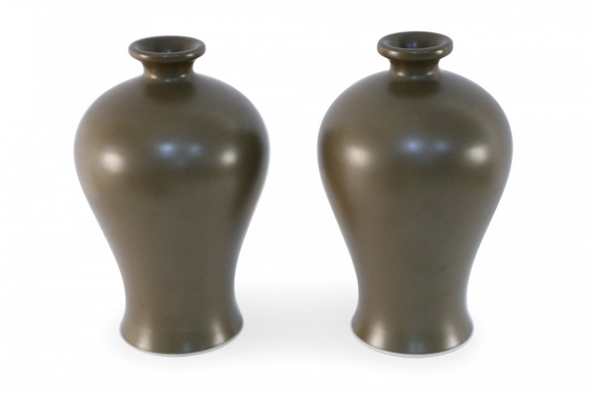 Pair of Chinese Olive Colored Porcelain Meiping Vases
