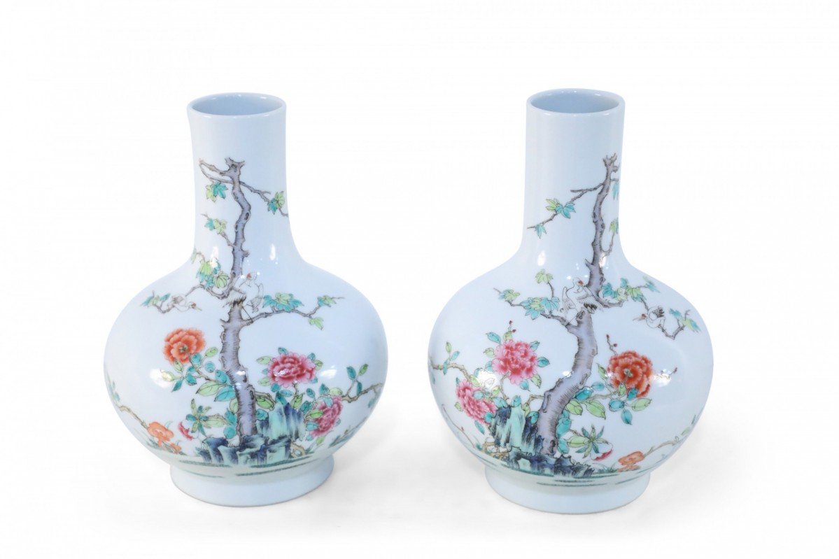 Pair of Chinese Famille Rose Globular Porcelain Vases