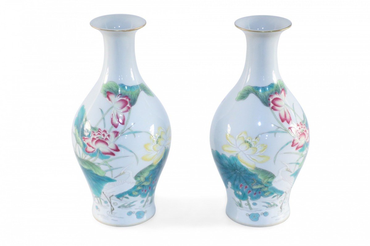 Pair of Chinese White Famille Rose Pear Shaped Vases