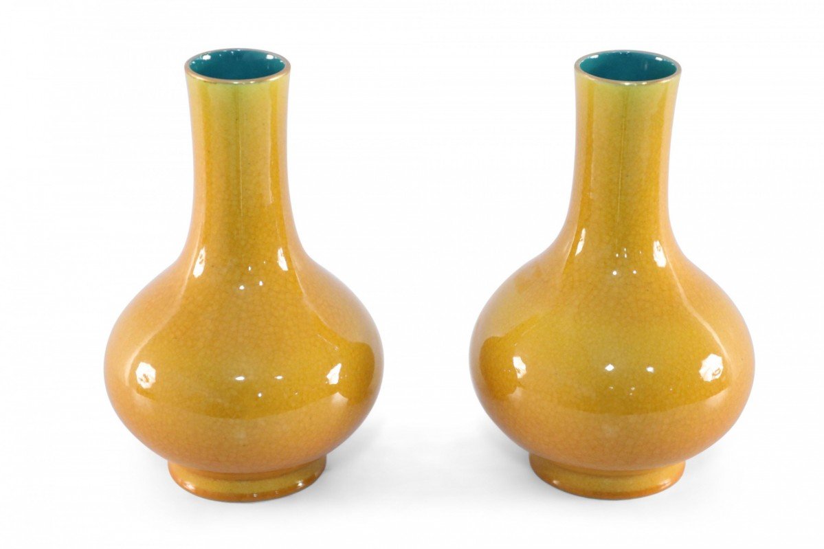 Pair of Yellow Pear Shaped Ceramic Vases