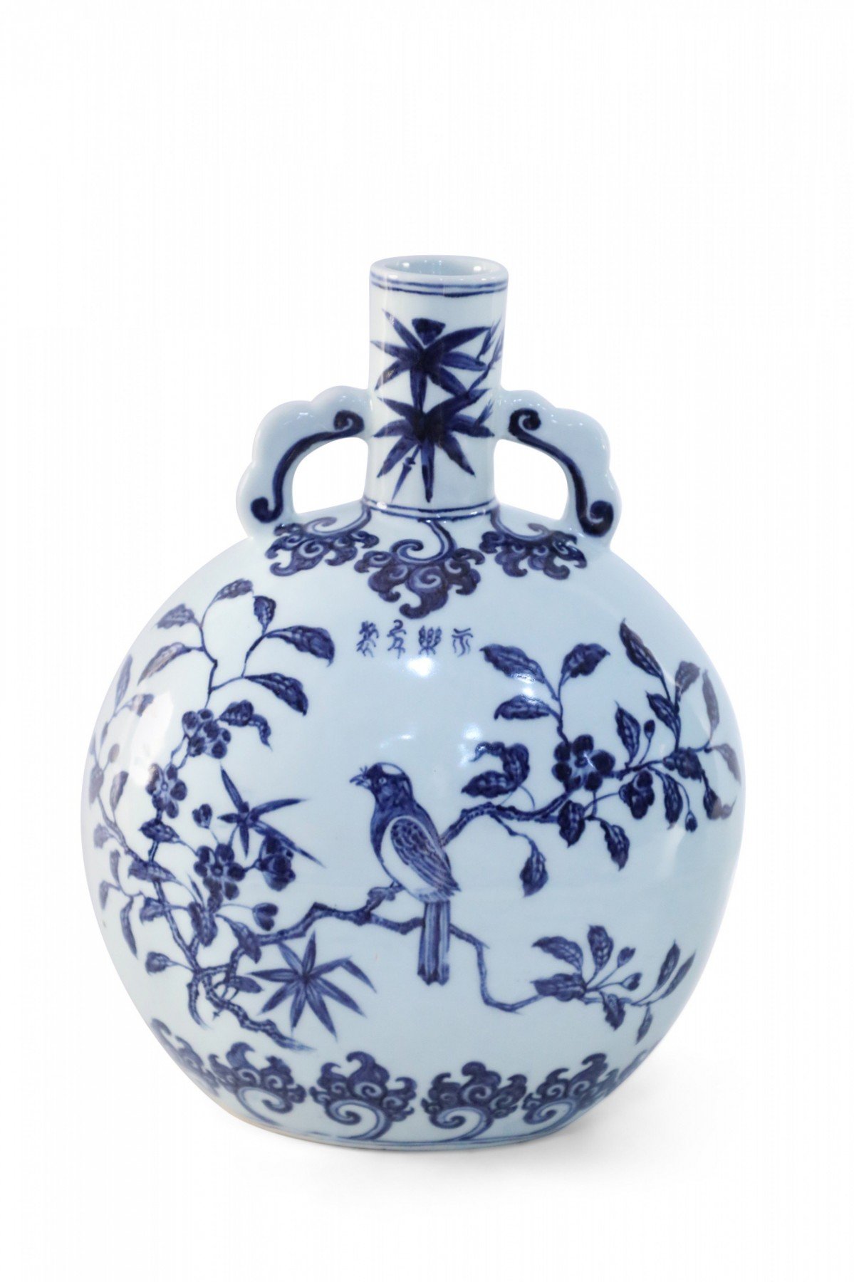 Chinese White and Blue Cherry Blossom Porcelain Moon Flask Vase