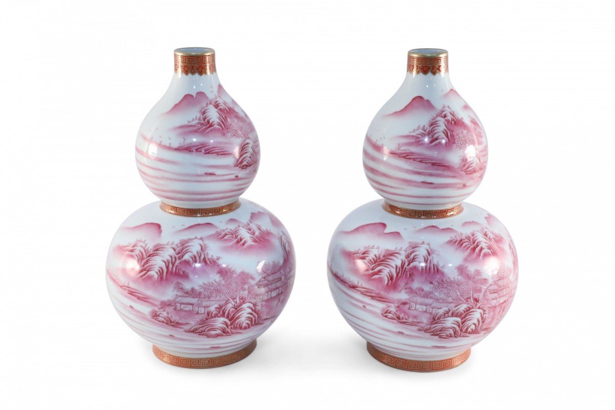 Pair of Chinese Pink and White Double Gourd Vases