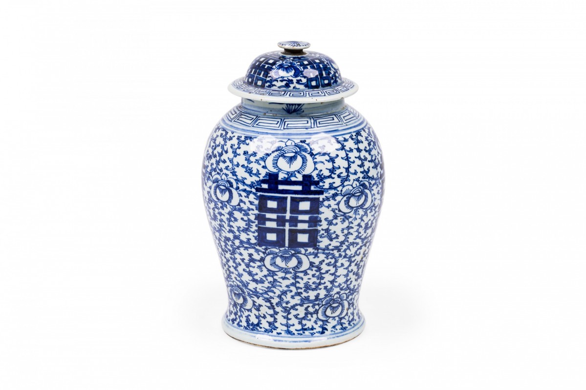 Chinese white and blue character and floral urn