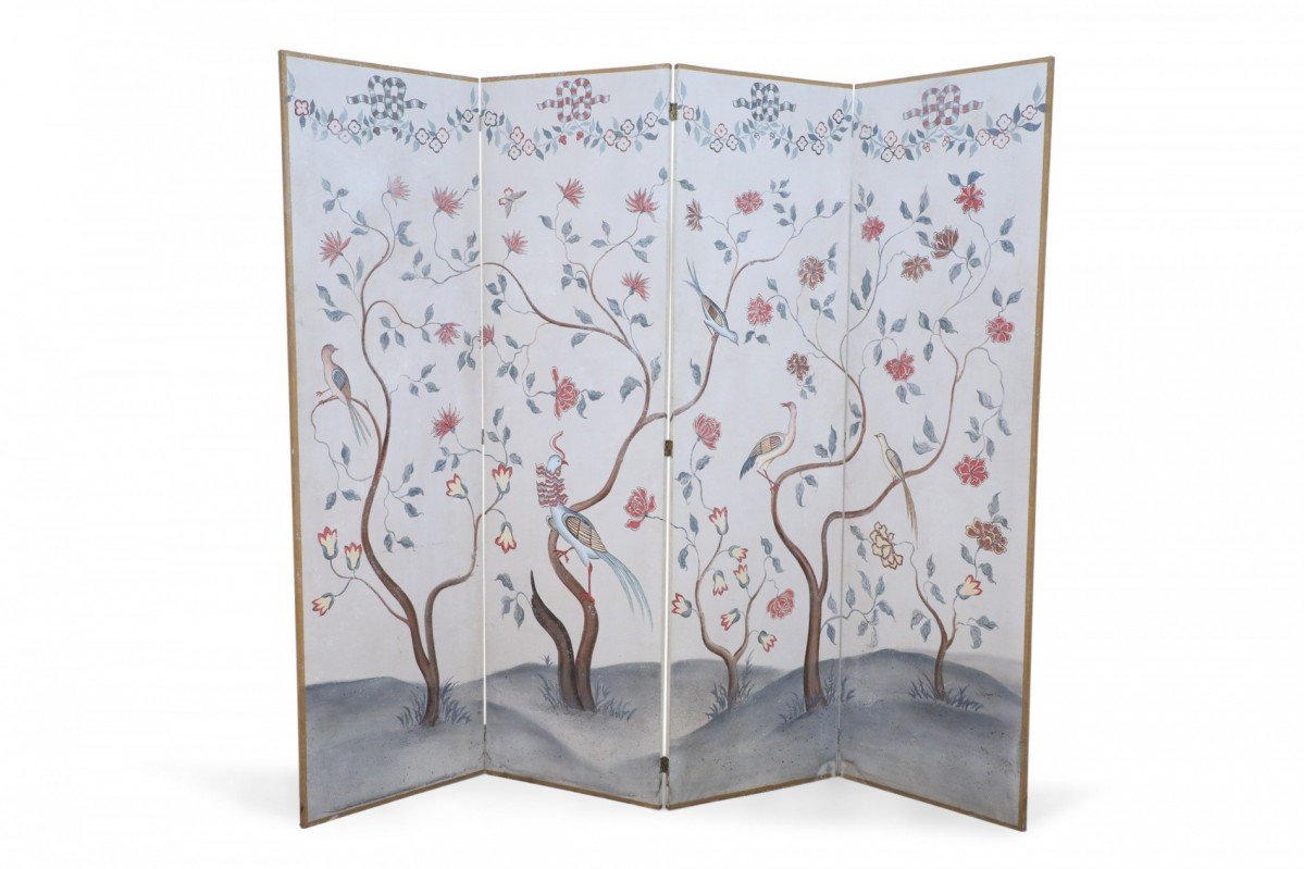 Chinese Beige and Flowering Tree Four Panel Screen