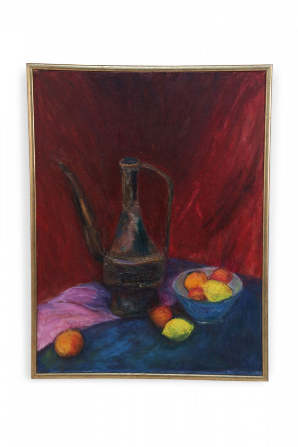 Framed Acrylic Still Life Painting of Yellow and Orange Citrus Fruits and a Brown Jug