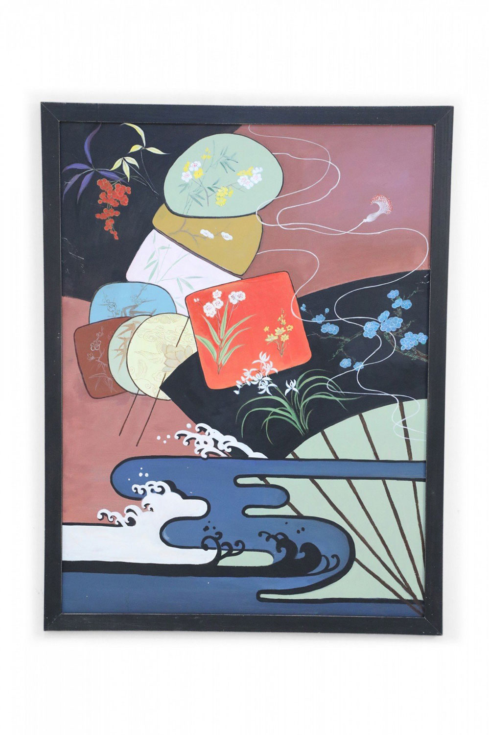 Framed Vintage Chinese Acylic Abstract Painting of Shapes Waves and Fans 