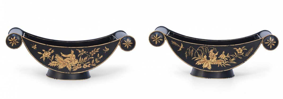 Chinese Black and Gold Tole Scroll Handle Vessels