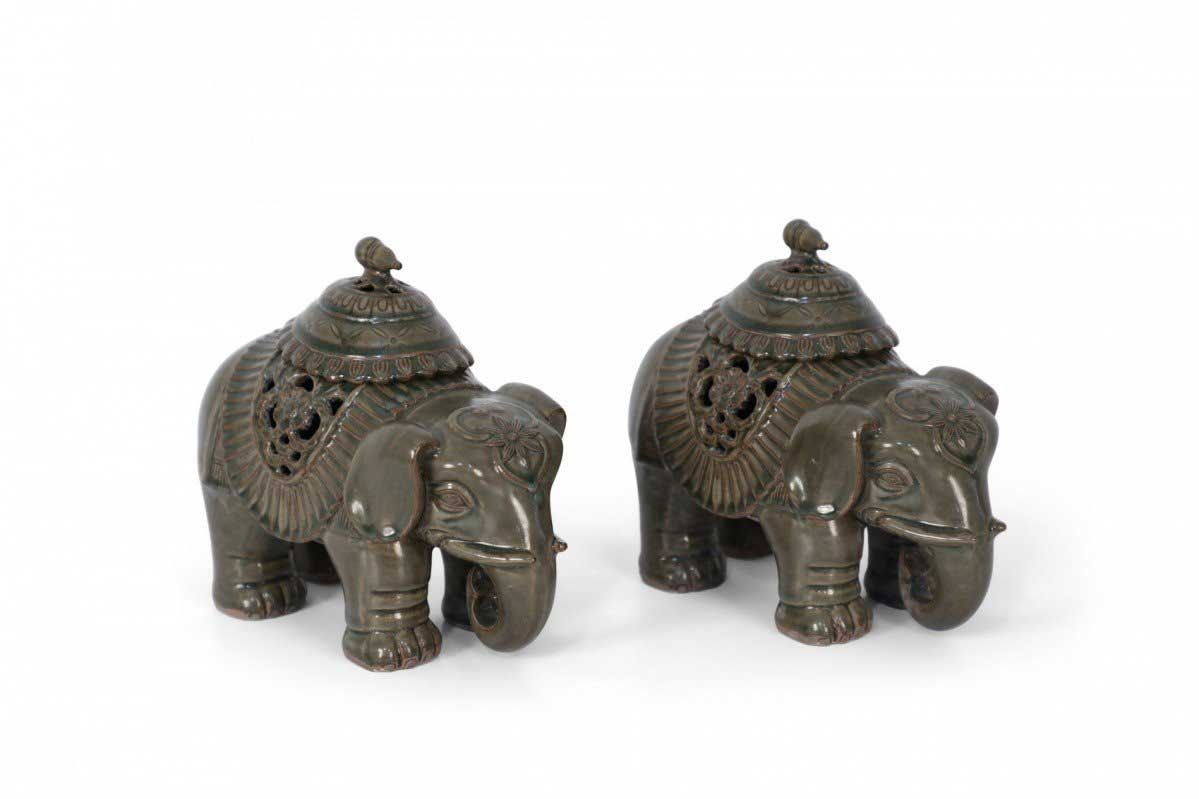 Pair of Chinese Lidded Porcelain Elephant Figurines