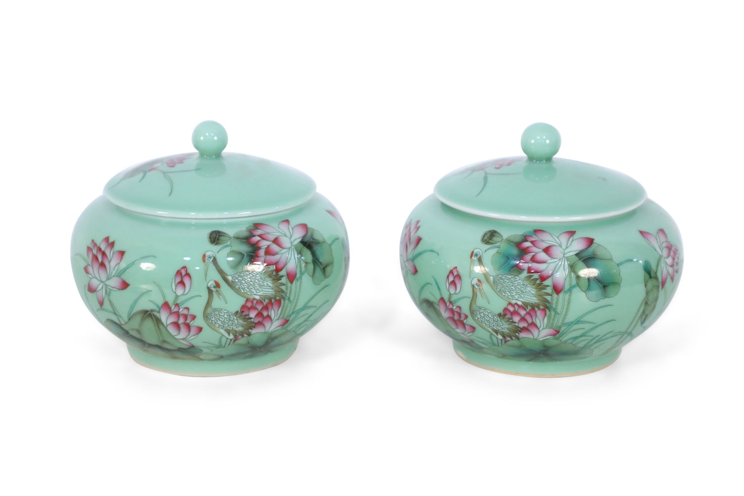 Pair of Chinese Pale Green and Pink Blossom Lidded Jars