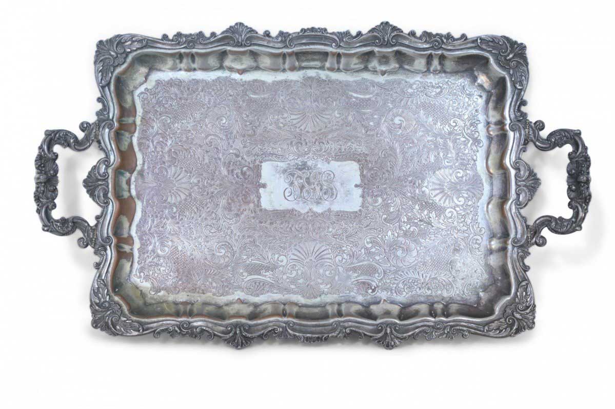 English Victorian Silver Plate Monogrammed and Engraved Serving Tray