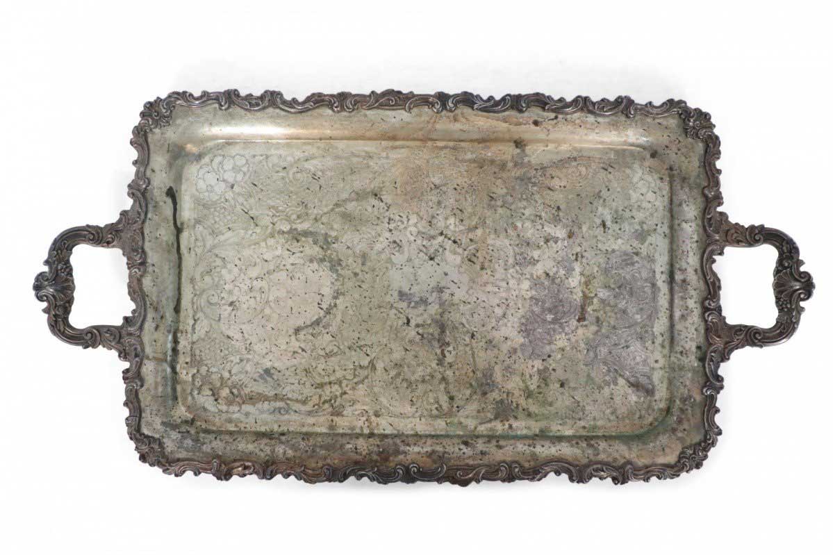 English Victorian Silver Plate Engraved Serving Tray with Patina