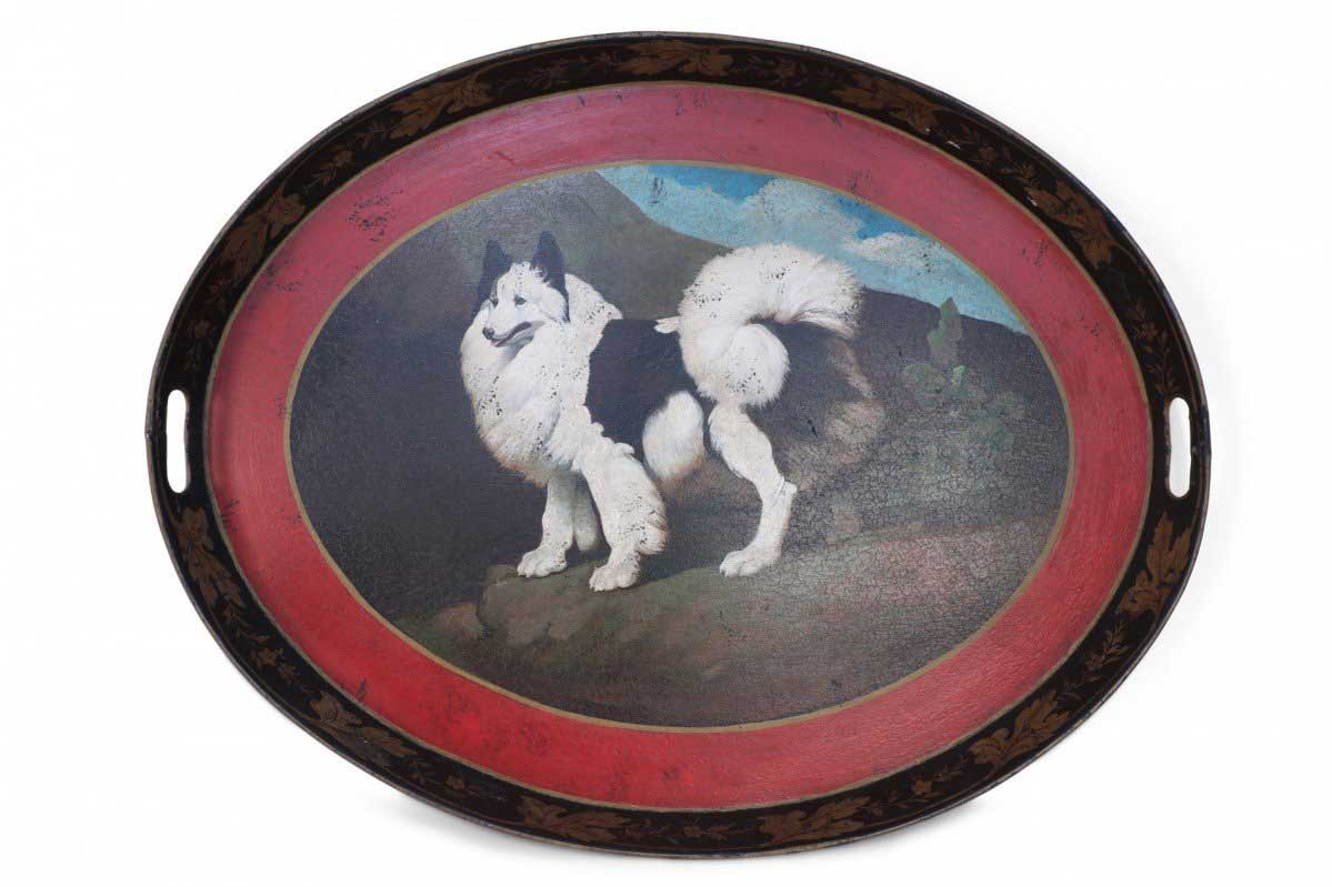 Vintage Oval Tole Fluffy Black and White Dog Portrait Serving Tray