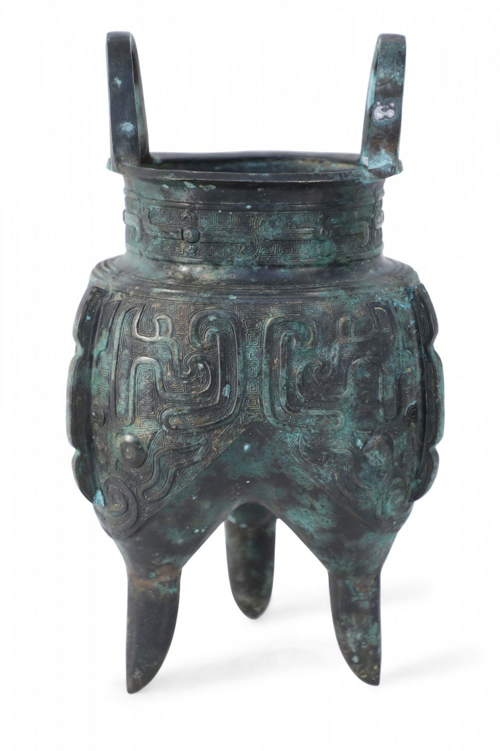 Chinese Han Dynasty Style Patinated Bronze Tapered Leg Vessel