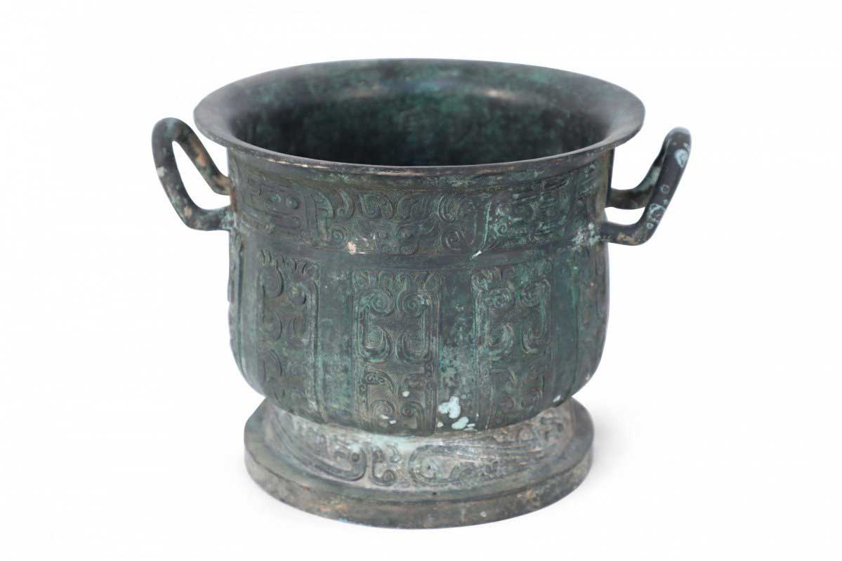 Chinese Han Dynasty Style Patinated Bronze Footed Urn
