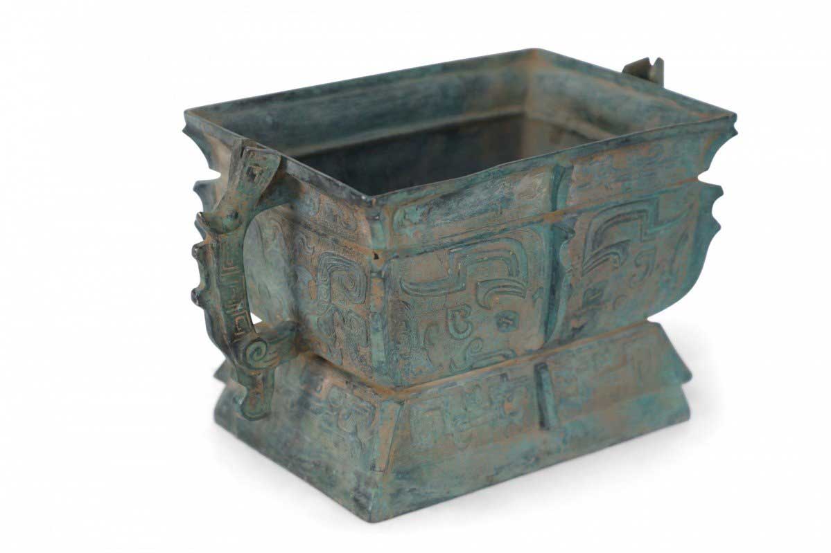 Chinese Han Dynasty Style Patinated Bronze Rectangular Vessel