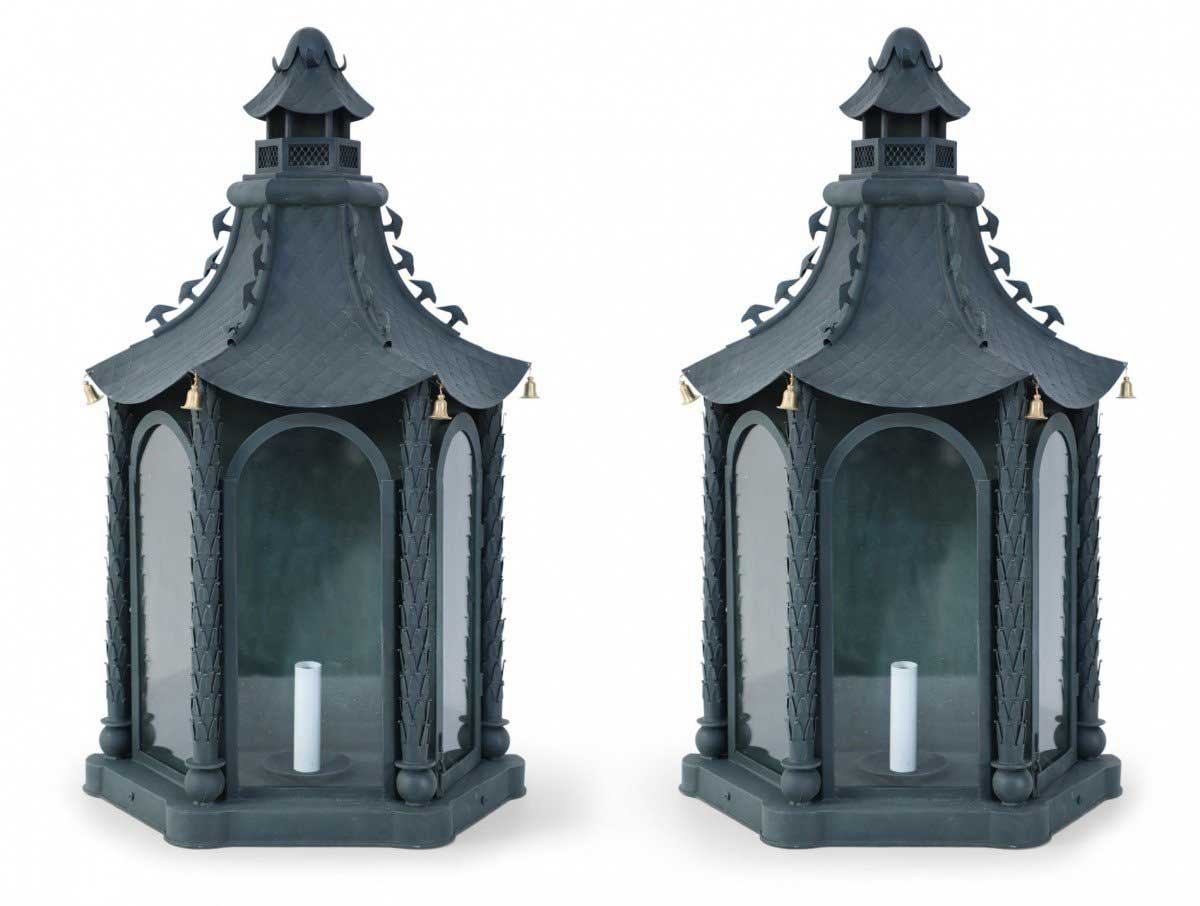 Pair of Vintage Chinese Metal and Glass Bell Adorned Pagoda Shaped Wall Sconces