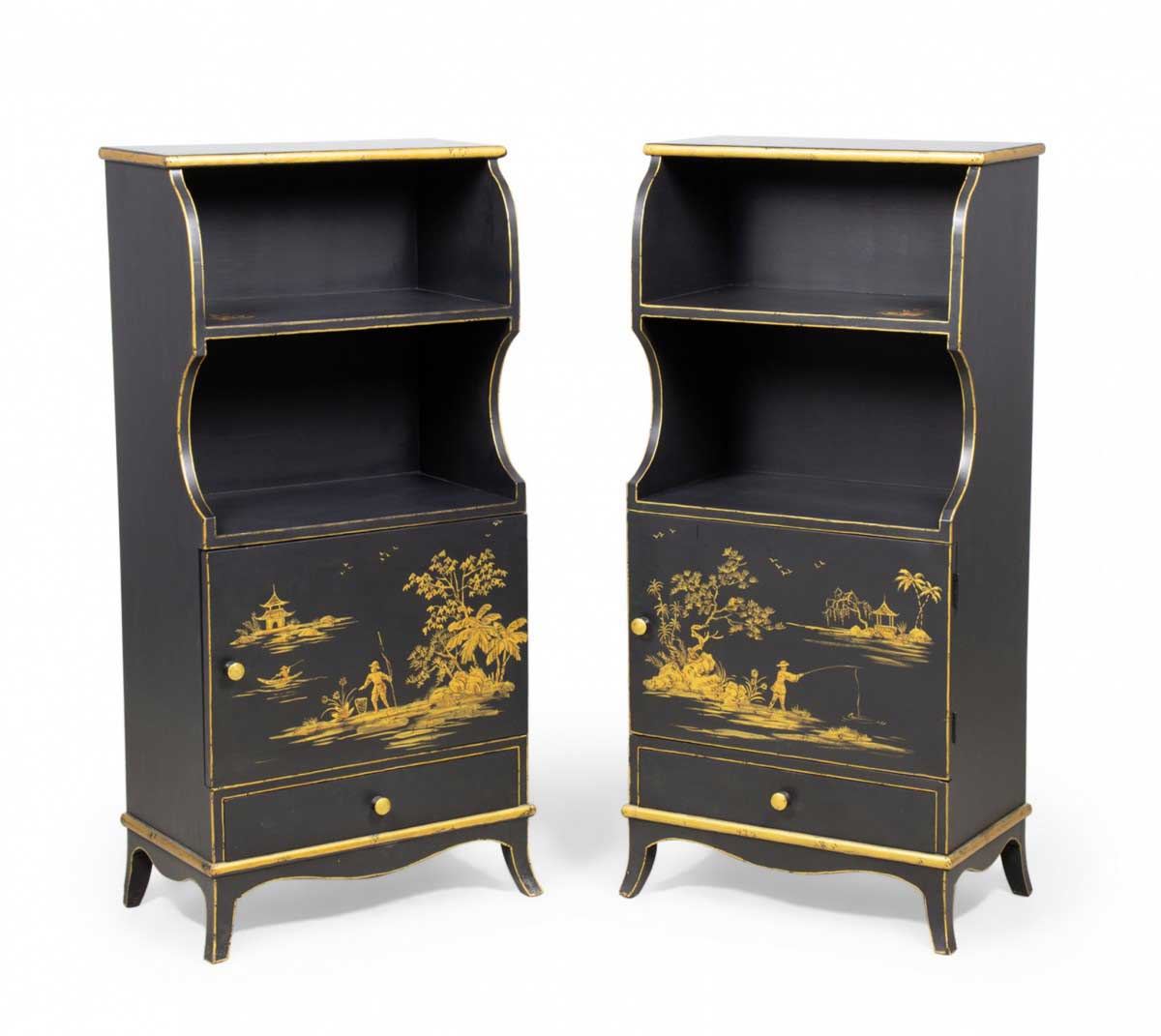 Pair Vintage English Chinoiserie Gold and Black Painted Small Bookcases