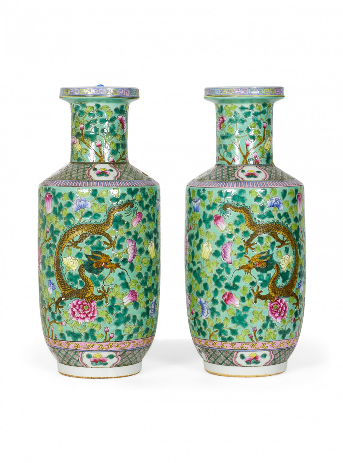 Pair of Antique Chinese Rouleau Shaped Branch and Green Foliage Design Porcelain Vases