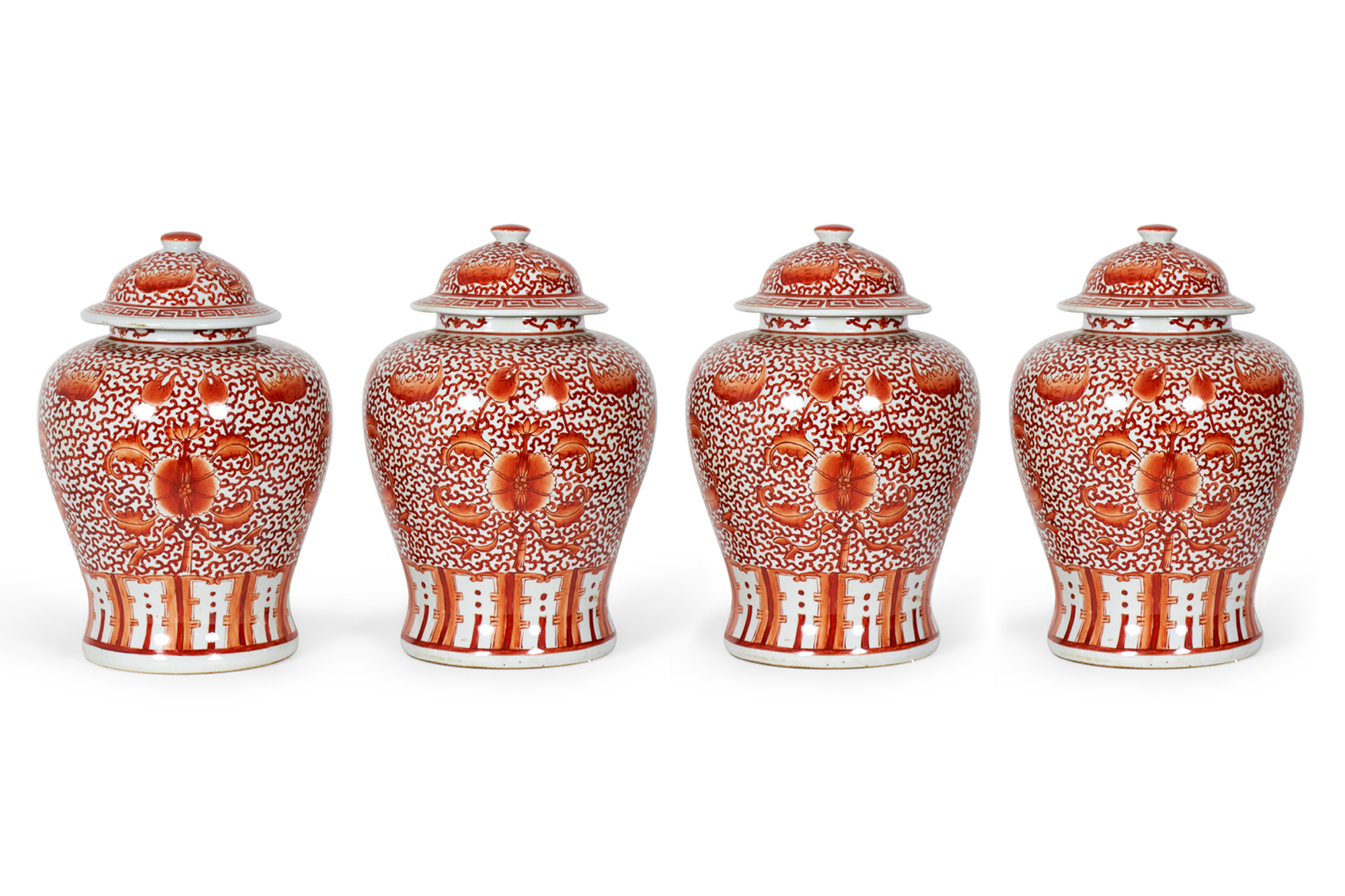 2 Pairs of Antique Chinese Orange and White Design Porcelain Ginger Jars