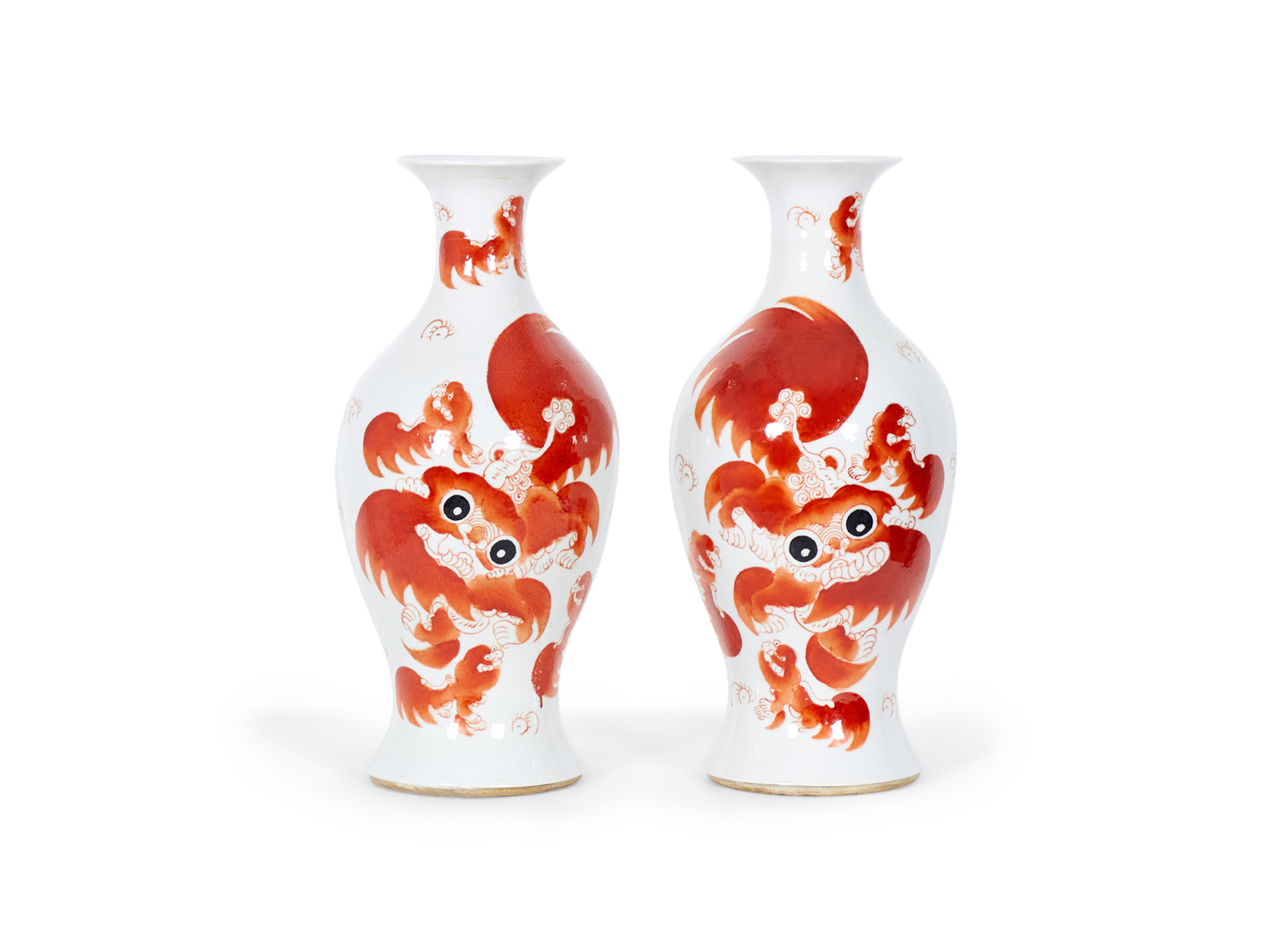 Pair of Antique Chinese Urn Shaped Orange Foo Dog Design Porcelain Vases