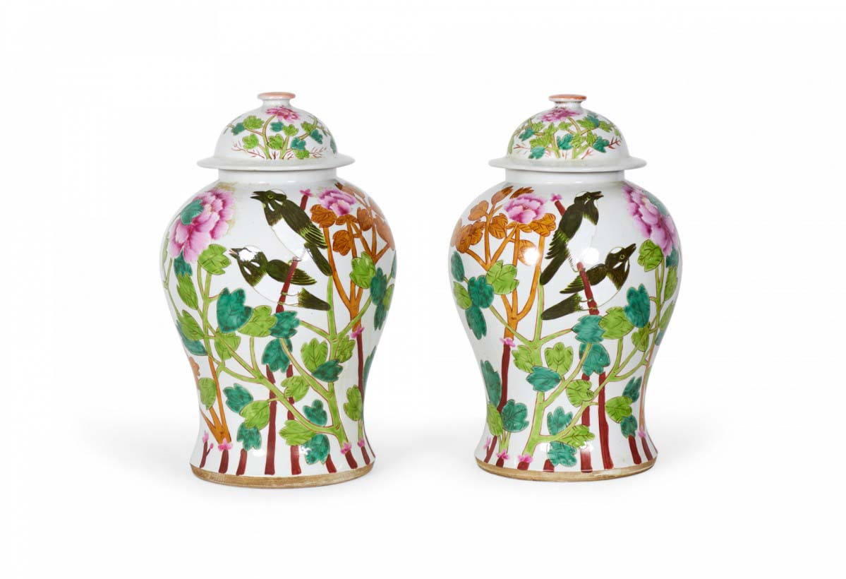 Pair of Antique Chinese Botanical and Bird Patterned Porcelain Lidded Ginger Jars