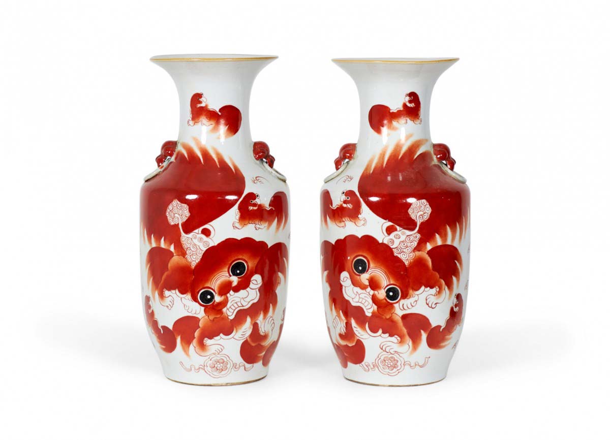 Pair of Antique Chinese Beige and Orange Foo Dog Patterned Porcelain Vases