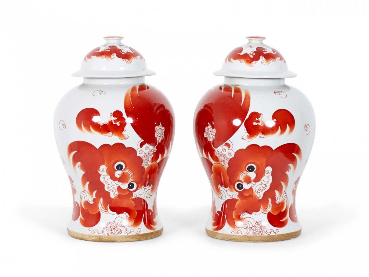 Pair of Antique Chinese Beige and Orange Foo Dog Patterned Porcelain Lidded Ginger Jars 1