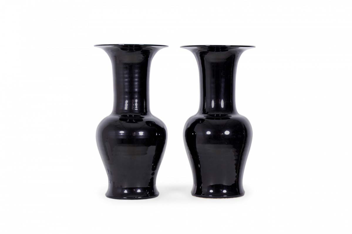 Pair of Antique Chinese Black Glazed Phoenix Tail Form Porcelain Vases