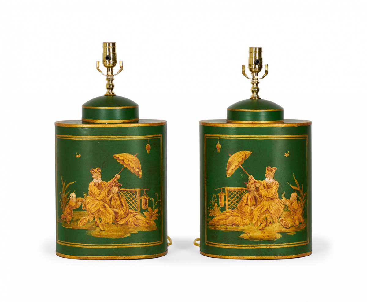 Pair of English Chinoiserie Green and Gold Genre Scene Hand Painted Tole Tea Caddy Table Lamps