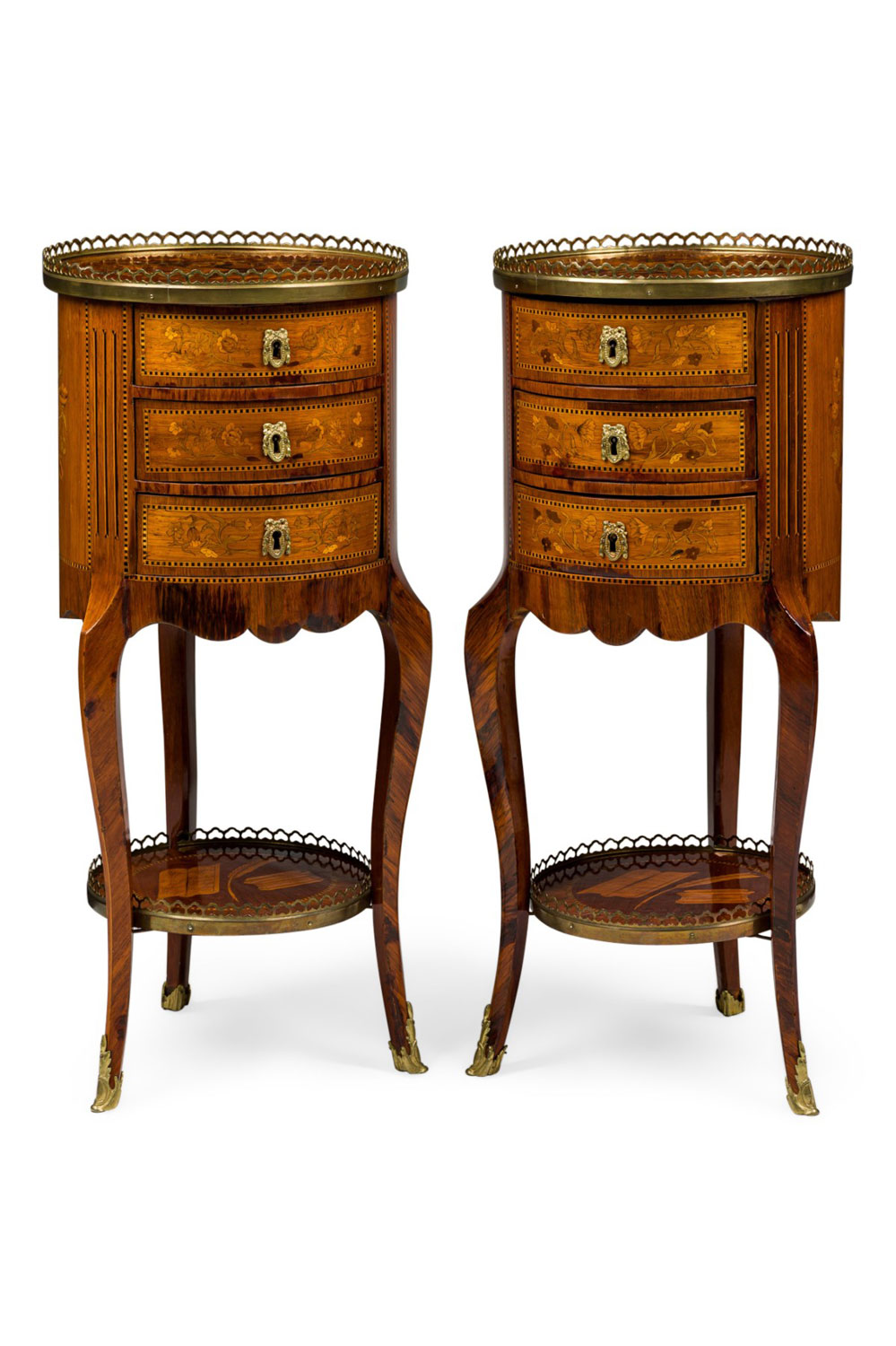 Pair of french louis XV round 3 drawer bedside table 
